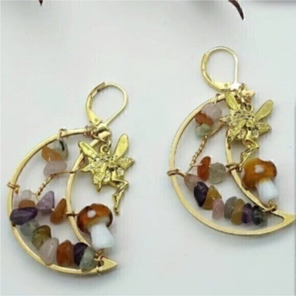 Crescent Moon Gold Mushroom  Colorful Stone Fairycore Earrings - Picture 1 of 6